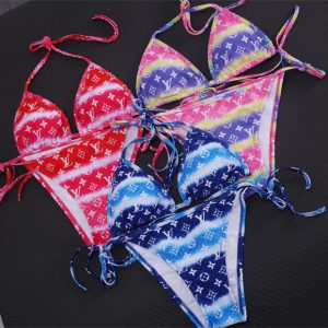 Replica Designer Louis Vuitton Women Lace Multicolor Stitching Sexy Bikini Two Piece Set
