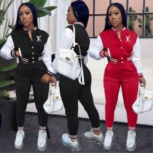 Replica Designer Louis Vuitton Women Letter Printing Casual Stitching Baseball Uniform Two-Piece Set