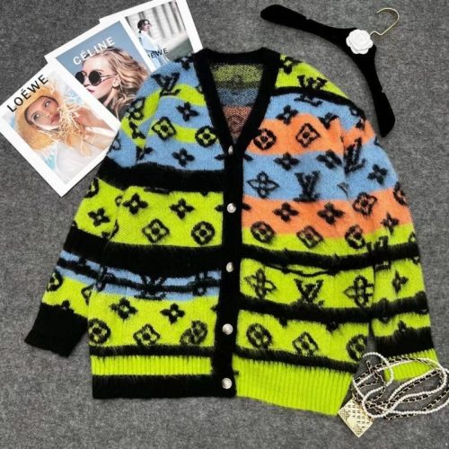 Replica Designer Louis Vuitton Women Multicolor Contrast Casual Fashion All-Match Cardigan Sweater