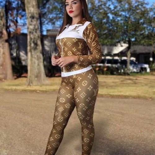 Replica Designer Louis Vuitton Women Printed Casual Stitching Color Sport Two Pieces Set