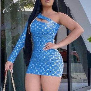 Replica Designer Louis Vuitton Women Printed Chestless Slanted Shoulder Sexy Dress