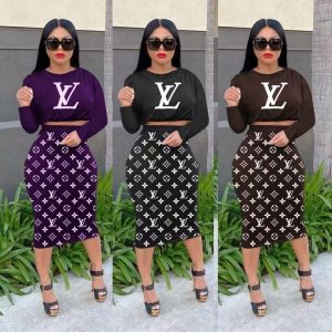 Replica Designer Louis Vuitton Women Printing And Dyeing Casual Long Sleeve Top And Skirt Two-Piece Set