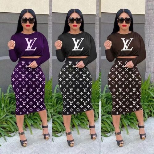 Replica Designer Louis Vuitton Women Printing And Dyeing Casual Long Sleeve Top And Skirt Two-Piece Set
