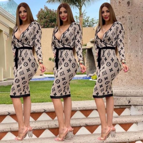 Replica Designer Louis Vuitton Women Printing Deep V Neck Sexy Dress
