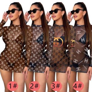 Replica Designer Louis Vuitton Women Round Neck Printed Long Sleeve Sexy Mesh Pack Hip Dress