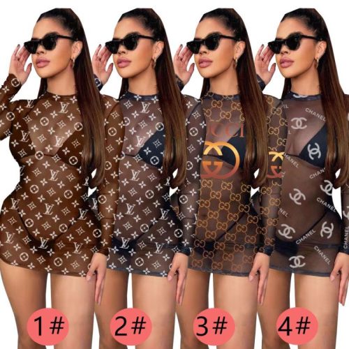 Replica Designer Louis Vuitton Women Round Neck Printed Long Sleeve Sexy Mesh Pack Hip Dress