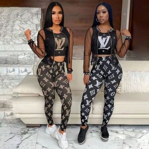 Replica Designer Louis Vuitton Women Sexy Mesh Jacket Printing Long-Sleeved Temperament Three-Piece Sets