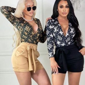 Replica Designer Louis Vuitton Women Sexy Printing Lace Long-Sleeved Shorts Two Piece Set