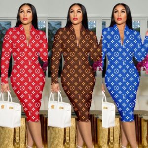Replica Designer Louis Vuitton Women Sexy V Neck Long Sleeves Printing Dress