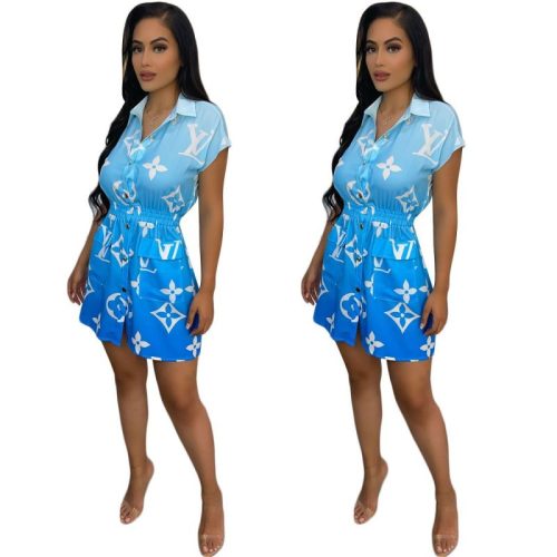 Replica Designer Louis Vuitton Women Simple Blue Printing Fresh Summer Dress
