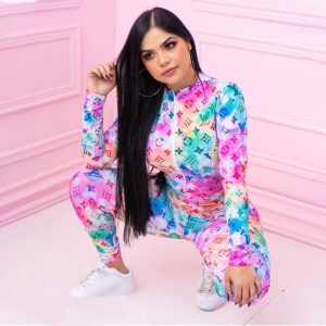 Replica Designer Louis Vuitton Women Simple Tie-Dye Print Zipper Top Two-Piece Sets