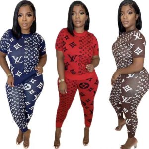 Replica Designer Louis Vuitton Women Slim Fashion Printing Casual T-Shirt Long Pants Two-Piece Set