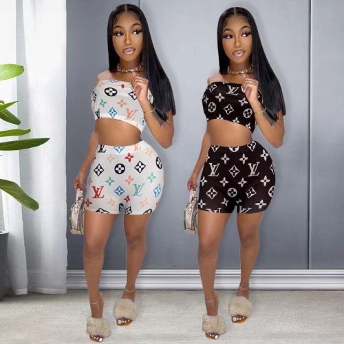 Replica Designer Louis Vuitton Women Solid Color Printing Wrap Top And Shorts Two-Piece Set