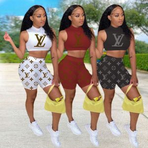 Replica Designer Louis Vuitton Women Summer Fashion Printing Casual Sleeveless Top And Shorts Two-Piece Set