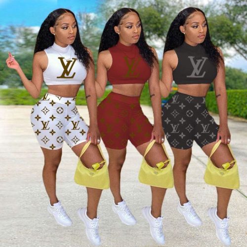 Replica Designer Louis Vuitton Women Summer Fashion Printing Casual Sleeveless Top And Shorts Two-Piece Set