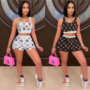 Replica Designer Louis Vuitton Women Summer Printing And Dyeing Top Shorts Two-Piece Set