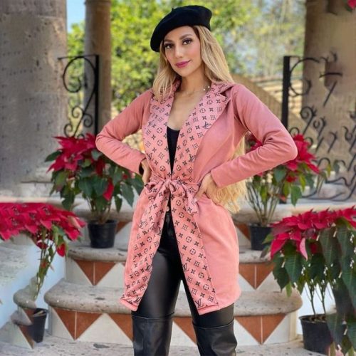 Replica Designer Louis Vuitton Women Temperament Lace-Up Printing Slim-Fit Lapel Woolen Coat