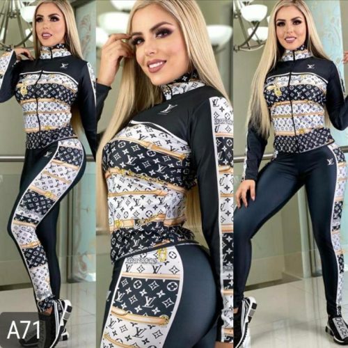 Replica Designer Louis Vuitton Women Temperament Stand Collar Printing Long Sleeves Top And Pants Two-Piece Set
