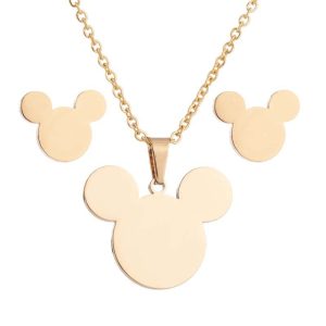 Replica Designer Mickey Mouse Women Animal Pattern Stainless Steel Pendant Necklace And Earrings Jewelry Set