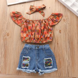 Replica Designer Monogram Printed Pullover Blouse Denim Shorts Summer Three-Piece Set