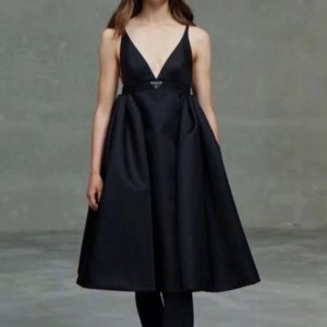 Replica Designer Prada Black Backless Temperament V-Neck Suspender Dress