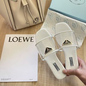 Replica Designer Prada Chic Gold Label Transparent Flat Slides