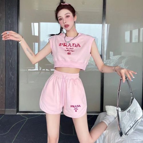 Replica Designer Prada Contrast Color Letter Embroidery Women Sleeveless Top Elastic Waist Shorts Two-Piece Set