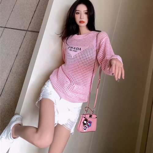 Replica Designer Prada Embroidered Letters Loose Perspective Hollow Thin Section Long-Sleeved Pullover Sweater