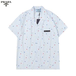 Replica Designer Prada Fashion Men Wave Dot Stripe Printing Beach Short-Sleeved Shirt Top