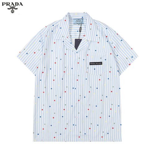 Replica Designer Prada Fashion Men Wave Dot Stripe Printing Beach Short-Sleeved Shirt Top