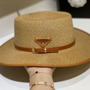 Replica Designer Prada Flat Straw Women Beach Hat Women Sunshade Hat
