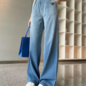 Replica Designer Prada Gradient Letter Ribbon Stitching Thin Denim Wide-Leg Pants