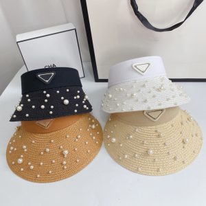 Replica Designer Prada Imitation Pearl Decoration Large Eaves Empty Top Straw Hat