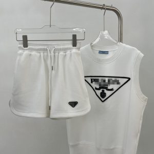 Replica Designer Prada Letter Flocking Embroidered Top And Wide-Leg Casual Shorts Suit