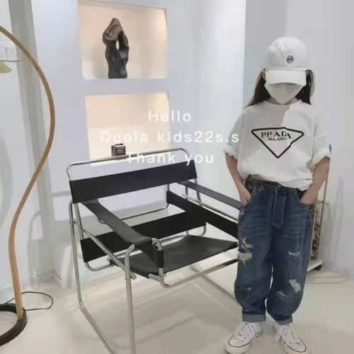 Replica Designer Prada Letter Printed Kids Round Neck All-Match Cotton Short-Sleeved T-Shirt