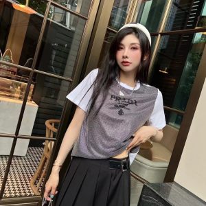 Replica Designer Prada Letter Printing Imitation Diamond Short-Sleeved Casual T-Shirt
