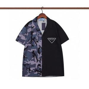Replica Designer Prada Men Black Camouflage Contrast Color Lapel Short-Sleeved Shirt Top