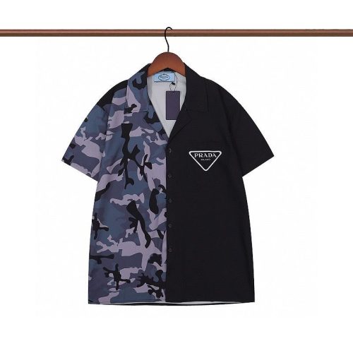 Replica Designer Prada Men Black Camouflage Contrast Color Lapel Short-Sleeved Shirt Top