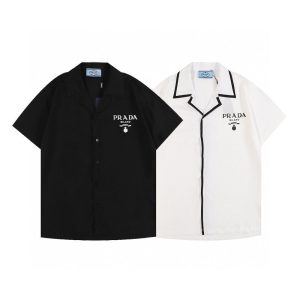 Replica Designer Prada Men Fashion Letter Printing Contrast Color Casual Loose Thin Short-Sleeved Shirt Top
