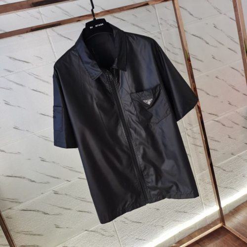 Replica Designer Prada Men Summer Casual Nylon Silky Fabric Short-Sleeved Shirt
