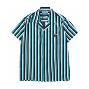 Replica Designer Prada Men Summer Stripe Casual Loose Short-Sleeved Shirt Top
