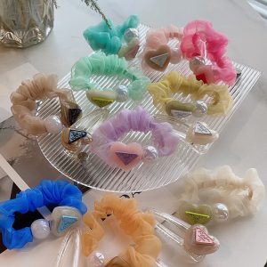 Replica Designer Prada Multicolor Mesh Yarn With Heart Imitation Pearls Large Intestine Hair Ring