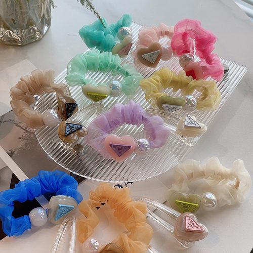 Replica Designer Prada Multicolor Mesh Yarn With Heart Imitation Pearls Large Intestine Hair Ring