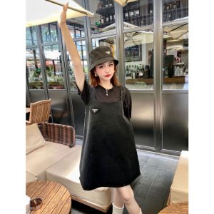 Replica Designer Prada Solid Color Retro Denim Letter Loose Mini Dress