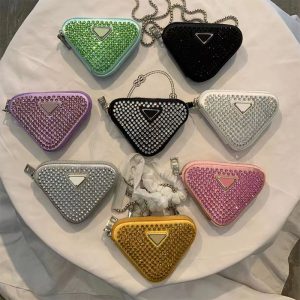 Replica Designer Prada Spring And Summer Crystal Mini Imitation Diamond Triangle Crossbody Bag