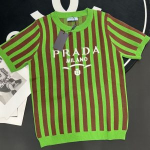 Replica Designer Prada Striped Short-Sleeve Embroidery Letters Color- Stripe Knitted Top