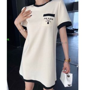 Replica Designer Prada Summer Cotton Loose Waist Pullover Temperament Midi Dress