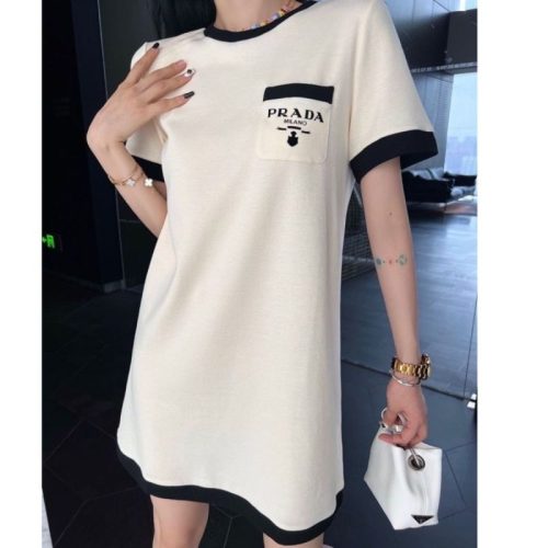 Replica Designer Prada Summer Cotton Loose Waist Pullover Temperament Midi Dress