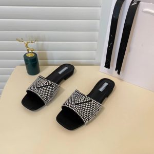 Replica Designer Prada Summer Imitation Rhinestone Square Head Thin Heel Slippers
