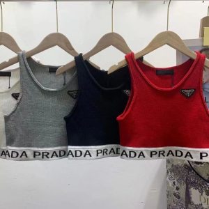 Replica Designer Prada Summer Women Fashion Letter Jacquard Knitted Short Top
